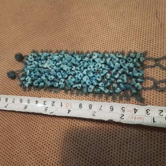 Turquoise Beads With Blue Small Beads Loon Cuff Woman Bracelet Vintage (M3) - Picture 2 of 4